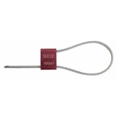 Adjustable-length cable seals with a 12-inch aluminum cable and 13/64-inch diameter. White marking reads 'Sealed' with random numbering. Used for tamper-evident securing of containers, meters, and valves. Supplied in a 200-pack.