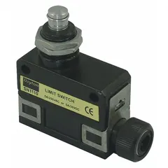 This top-mount limit switch features a plunger actuator and screw terminals for electrical connection. It is designed for industrial control applications such as detecting position or end-of-travel in machinery, conveyors, and packaging equipment.