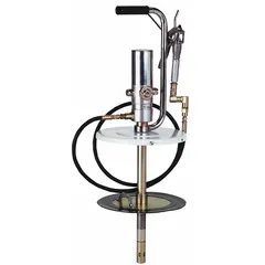 This air-operated piston drum pump delivers a 60:1 ratio and a maximum flow rate of 48 oz/min. It handles fluids up to 150°F and features a steel suction tube. Used for transferring high-viscosity lubricants from drums to dispensing points in industrial maintenance environments.