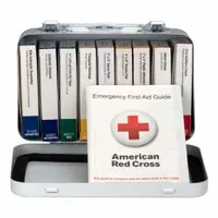 Wall-mountable metal first aid kit in white, serving 10 people with 65 components. Includes 16 adhesive bandages, a triangular bandage, and 10 BZK wipes. No oral or inhalant medication. OSHA compliant. Suitable for treating minor cuts, scrapes, and burns in workplaces and facilities