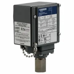 Single-port pressure switch from the 9012G Series with a 1/4-18" FNPT connection. Adjustable over a 20 psi to 1,000 psi range. Designed for use in hydraulic and pneumatic systems where resistance to liquids and corrosive media is required.