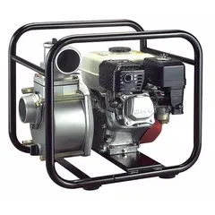 Engine-driven water pump with a ductile iron volute and recoil-start ignition. Features 3 in NPT inlet and outlet ports, handles solids up to 3/4 in diameter, and delivers a maximum head of 85 ft. Suitable for dewatering, irrigation, and transferring water containing small solids in construction, agricultural, and flood control applications.