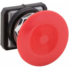 Red mushroom-head push-button operator with momentary action. Non-metallic push button material. 30 mm mounting size for standard panel cutouts. Used for industrial machine control and emergency-stop applications in manufacturing and automation environments.