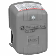 Diaphragm-actuated water pump switch with 1/4" FNPS connection. Adjustable pressure range 5 psi to 80 psi, factory set ON at 60 psi and OFF at 80 psi. Used to automatically start and stop pumps in water systems based on pressure.