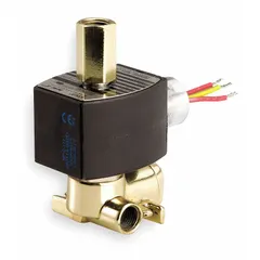 Configurable 3-way/2-position solenoid valve with quick exhaust function, suitable for directing or exhausting air in pneumatic systems. Features a watertight coil enclosure and operates on 120V AC. Pipe size is 1/4 in. Commonly used for actuating cylinders, controlling pilot valves, and managing exhaust in automation and material handling equipment.