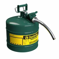 This 5-gallon oil safety can is designed for handling and dispensing flammable liquids such as oil. It includes a 1-inch outer diameter hose for controlled pouring, reducing spill and fire risk. The green finish provides easy identification. Suitable for use in industrial environments where safe liquid transfer is required.