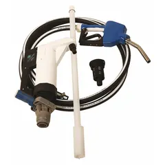 This lever-operated piston pump delivers 10 oz per stroke for transferring diesel exhaust fluid (DEF) from drums or containers. It features a polypropylene housing, polyethylene suction tube, and includes a 36-inch hose, nozzle, and spout.