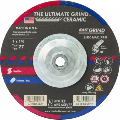 UNITED ABRASIVES-SAIT Ultimate Grind Ceramic Type 27 Grinding Wheel - Cool-Cutting Grinding Wheels for Carbon & Stainless Steel