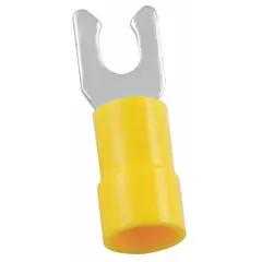 Yellow vinyl-insulated locking fork terminal with funnel-entry barrel. Rated for #6 stud size and accepts 12 AWG to 10 AWG wire. The locking fork design helps maintain connection in applications subject to vibration.