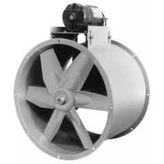 Unassembled belt-drive fan designed for emergency smoke exhaust in industrial and commercial buildings. Delivers 6470 cfm at 0.000 in SP with a 24-inch blade. Powered by a 3/4 hp capacitor-start motor, totally enclosed fan-cooled, single speed, 115/208-230V AC. Includes drive package; for horizontal mounting only. Not rated for hazardous locations.