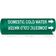 Green wrap-around pipe marker with white legend reading 'Domestic Cold Water' and directional arrows. Fits pipe outer diameters from 1/2 to 1-3/8 inches. Used to identify cold water supply lines in commercial and industrial piping systems.