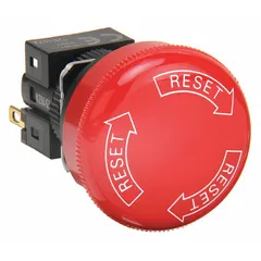 This OMRON mushroom-head push button is a maintained-action switch with a non-metallic profile. It features a 16 mm mounting hole and 1 normally closed (NC) contact, with solder terminal connections. Commonly used as an emergency stop device in industrial control panels and machinery.
