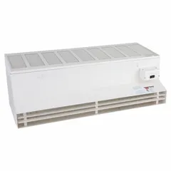 This Dayton air curtain cabinet features a stainless steel housing in silver with an overall width of 48 inches. It is designed to create an invisible air barrier over doorways, helping to separate indoor and outdoor environments, maintain temperature control, reduce energy loss, and block insects, dust, and fumes. Suitable for commercial and industrial facilities such as warehouses, loading docks, and retail entrances.