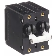 This miniature circuit breaker features a toggle actuator and threaded insert mounting for front panel installation. Rated 10 A at 277V AC and 80V DC, it has 1/4 in tab terminals and a depth of 2.12 in. Suitable for overcurrent protection in control panels, HVAC equipment, and power distribution systems.
