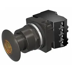 Maintained-action illuminated push button with a metallic 30 mm mushroom-head profile. Features 1NO/1NC contacts and pressure plate terminals. Suitable for industrial control panels requiring a large actuation surface for start/stop or on/off commands.