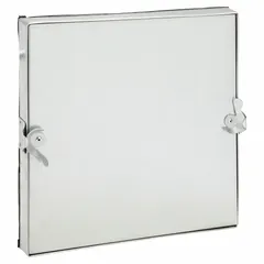 This flat access door is designed for rectangular HVAC ducts, providing entry for inspection, cleaning, and maintenance. Constructed from 22 ga steel with fiberglass insulation, it features double cam latches and a tab-in hinge. The door includes a 14 in observation port for visual checks without opening.