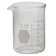 This 100 mL (3.38 fl oz) low form beaker is made from Type I, colorless borosilicate glass. It is autoclavable and suitable for general laboratory tasks such as mixing, heating, and measuring liquids.