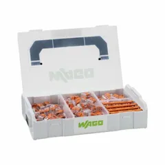 Mixed wire connector and terminal set containing 225 pieces for wire sizes 24 AWG to 12 AWG. Includes mounting carriers as the included tool. Used for making quick, tool-free wire connections in electrical installations, lighting, and control panels.