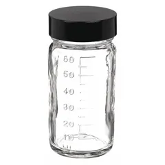 Clear Wide Mouth Round Glass Lab Bottle, 60 mL, 38-400, Colorless, 42 mm Body Dia, Graduated, Case of 48