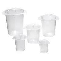 This beaker set includes low form polypropylene beakers in white with printed graduations for volume measurement. The beakers are non-sterile and suitable for general laboratory tasks such as mixing, measuring, and sample preparation