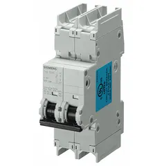 Siemens 5SJ4 series miniature circuit breaker, C-curve, 2-pole, UL489 listed for DIN rail mounting. Rated 0.5 A with 14 kA interrupting capacity at 240V AC or 60V DC. Screw clamp terminals. Suitable for overcurrent protection in branch circuits and control panels.