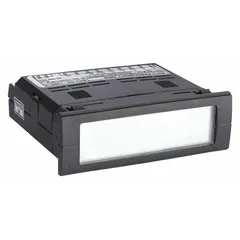 This frequency-input digital panel meter from the R312 series features a gray LCD display with a span of 0 to 199.9. It offers +/-0.2% accuracy and includes mounting brackets for panel installation. Screw clamp terminal connections facilitate wiring in industrial control panels, power monitoring systems, and process automation for frequency measurement of generators and motors.