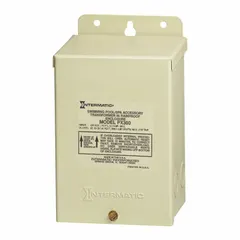 Metal-enclosed transformer for low-voltage pool, spa, and landscape lighting. Converts 120V AC input to 12V AC output, powering fixtures up to 300 W. Suitable for inground pool lights and garden path lighting requiring safe low-voltage operation. Beige finish.
