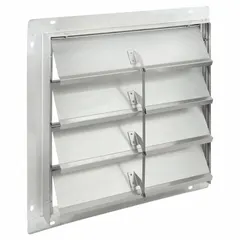This wall-mount backdraft damper is designed for horizontal airflow in vertical mounting positions. It features flat blades and a maximum air velocity of 2500 fpm. Suitable for exhaust or intake ventilation systems to prevent reverse airflow.