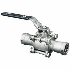 Manual two-way ball valve with 316 stainless steel straight valve body and EPDM seals. Features a locking lever handle for secure on/off flow control. Suitable for water, air, and non-aggressive fluids in industrial piping systems.