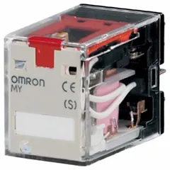 Plug-in relay from the MY Series with a square base and DPDT contact configuration. Operates at 200/220V AC and features 14 pins/terminals for use with a G Socket. Suitable for switching industrial control circuits in automation panels and machine controls.