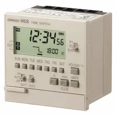 Panel cover-mounted digital timer switch with SPST-NO contact, 100-240V AC, and 40 programmable events over a 7-day cycle. Suitable for scheduling on/off cycles of lighting, HVAC, and process equipment in industrial control panels.