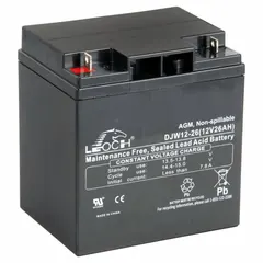 AGM sealed lead acid battery providing 12V DC output with 26 Ah capacity. ABS housing with tab terminal connection featuring a 0.217 in bolt hole. Dimensions: 6.88 in height, 6.5 in width, 5 in depth. Used for backup power in industrial equipment, security systems, and emergency lighting.