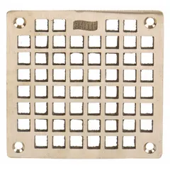 Square light-duty floor drain grate with a Nickel Bronze finish. Overall width of 4 5/8 inches and overall height of 1/8 inch. Suitable for indoor areas with light pedestrian traffic such as basements, laundry rooms, and commercial kitchens.
