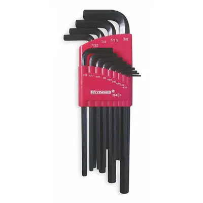WESTWARD Hex Key Set: 11 - 15 Pieces, L, SAE, Std End, Long, 13 Pieces, Organizer - L-Shaped Hex Key Sets