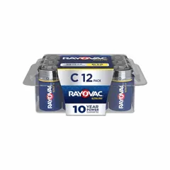 RAYOVAC C-size alkaline battery delivering 1.5V DC, part of the UltraPro series. Suitable for powering devices such as flashlights, radios, and portable instruments in maintenance, inspection, and emergency applications. Supplied in a 12-pack.