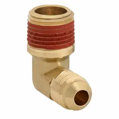 Brass flared/threaded 45-degree elbow for connecting 1/4 in OD tubing to 3/8 in pipe threads. Meets SAE J512 standards. Used in hydraulic, pneumatic, and lubrication systems for leak-resistant, reusable connections.