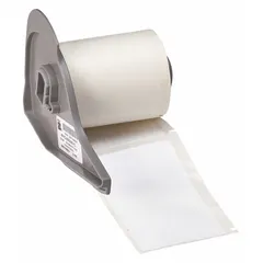 Thermal transfer precut label roll for use with BMP71 printers. Features rubber aggressive permanent adhesive for bonding to rough or curved surfaces. Halogen-free material. Label size: 1 5/16 in x 3 in. Suitable for industrial identification, wire marking, component labeling, and asset tagging.