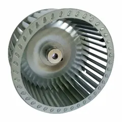 This single-inlet forward-curved blower wheel is constructed of steel with a 1/2-inch bore and clockwise hub end rotation. It is designed for use in HVAC and industrial air-moving systems requiring moderate pressure and high volume, such as furnaces, air handlers, and ventilation units.