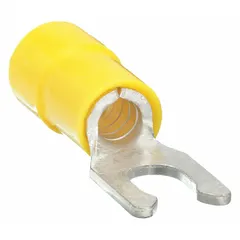 Yellow vinyl-insulated locking fork terminals with funnel-entry barrel. Accept 12 AWG to 10 AWG wire and fit #8 stud size. Used for secure, removable connections in control panels, machinery, and power distribution systems.
