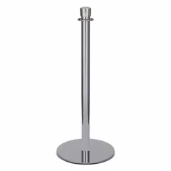 This tapered-top rope barrier receiver post is constructed from polished stainless steel with a flat steel base. It has a post height of 36 1/2 in and a tapered design ranging from 36 in to 40 in. Used for crowd control and queue management in commercial environments, it integrates with rope barrier systems.