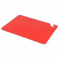 Red co-polymer cutting board measuring 20 inches overall length by 15 inches overall width. NSF Certified for sanitation compliance. Suitable for food preparation in commercial kitchens, delis, and catering operations where color-coded boards help designate use for raw meat to reduce cross-contamination.