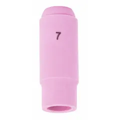 Standard nozzle made of alumina, size No. 7. Used in MIG and TIG welding to direct shielding gas and protect the electrode. Suitable for industrial fabrication, automotive repair, and heavy equipment manufacturing.