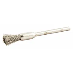 Crimped stainless steel fill brush for light cleaning of stainless steel surfaces. 1/4 in diameter with 1/8 in shank and 0.005 in fill diameter. Used for deburring, surface preparation, and weld cleaning in industrial maintenance and fabrication.
