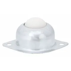 Flange mount ball transfer with a 1 in diameter nylon ball, 5/16 in projection, and 35 lb ball load capacity. Used in material handling systems for omnidirectional movement at conveyor transfer points, workstations, and packaging lines.