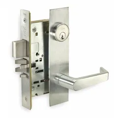 Classroom lever lockset with Augusta style in satin chromium-plated finish. ADA compliant for lever operation. Suitable for educational facility doors requiring secure passage control. Not ligature-resistant; no visual indicator.