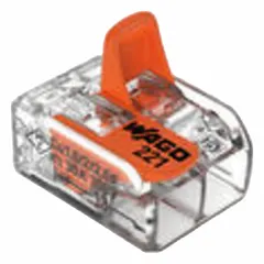 2-port lever wire connector from the 221 Series, accepting solid copper wire from 20 AWG to 10 AWG. Rated 30 A and 600 V. Lever mechanism enables tool-free connection and disconnection for wiring and reconfiguration in junction boxes, control panels, and lighting systems.