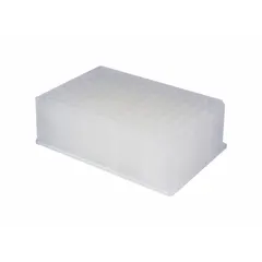 96-well plate made from polypropylene copolymer with a natural body color. Each well has a 2 mL capacity and C-shaped geometry. Plate diameter is 86 mm with an overall height of 86 mm. Not RNase/DNase free. Suitable for high-throughput sample storage, processing, and assay workflows.