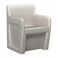 Freestanding single-seat arm chair with polyethylene seat in stone gray. Suitable for indoor or covered outdoor seating in waiting areas, break rooms, or reception spaces.