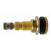 This clamp-in tubeless tire valve stem is designed for tractor applications. It features a straight valve shape with a 180° angle, 0.305-32 thread size, and meets TR618A standards. Constructed with a brass finish and rubber material, it provides a secure seal for tubeless tires on agricultural equipment