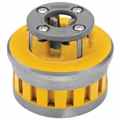 This die head is designed for use with handheld pipe threaders to cut NPT threads on 1/2 in pipe. Constructed from high speed steel, it features a right-hand thread orientation. Suitable for threading operations in plumbing and piping applications.